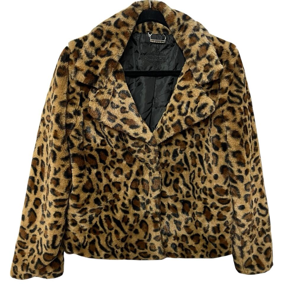 JouJou Faux Fur Jacket Small Leopard Plush Snap Y2K Indie Mob Wife Tuscan Mom